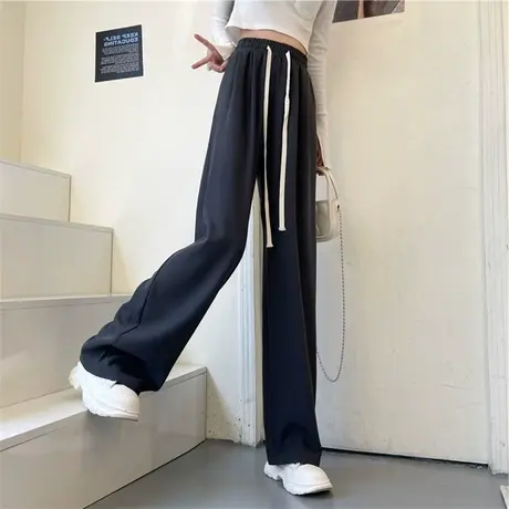 抽绳阔腿裤女春秋高腰垂感宽松直筒运动裤2024年新款夏季休闲卫裤图片