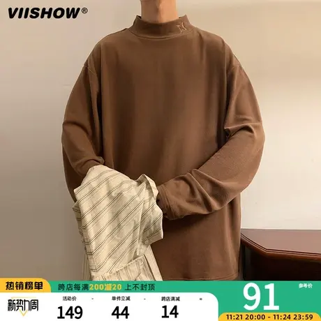 VIISHOW半高领长袖t恤男生秋冬德绒打底衫纯色青少年潮牌宽松上衣商品大图
