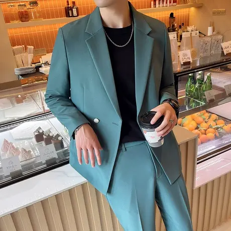 休闲薄款西装男套装春秋轻熟风两粒扣痞帅西服男宽松微阔垂感外套图片