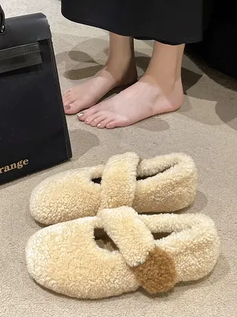毛毛鞋女2023秋冬季新款软底加绒棉鞋平底豆豆鞋外穿毛绒保暖单鞋商品大图