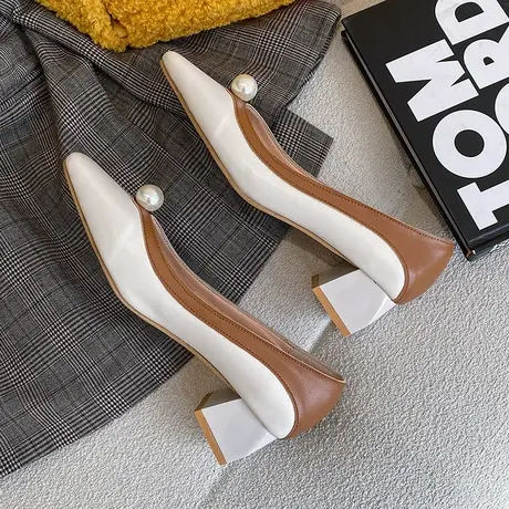 单鞋女2024年新款春季百搭方头浅口珍珠中跟粗跟法式玛丽珍高跟鞋图片