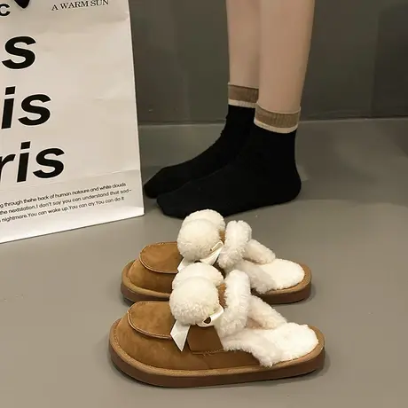 半拖鞋女新款2023年秋冬平底鞋子蝴蝶结毛毛鞋百搭时尚外穿包头拖商品大图