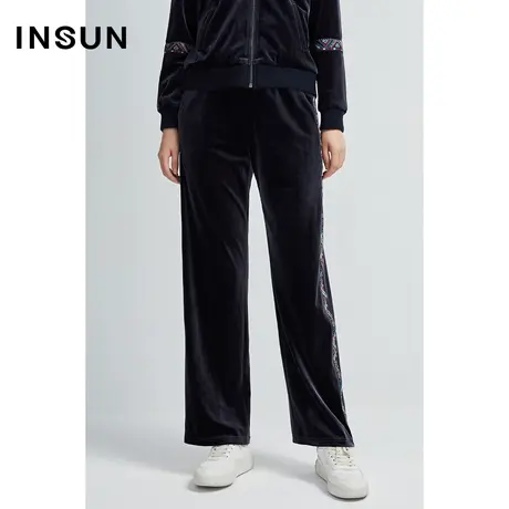 恩裳春秋季女装经典丝绒阔腿裤时尚条纹垂感宽松直筒休闲裤图片