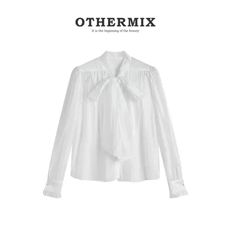othermix内搭打底衬衣女设计感蝴蝶结纯色衬衫女2024春秋新款上衣商品大图