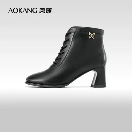 奥康女鞋 2023冬季新款真皮黑色时尚短靴厚底百搭通勤时装靴靴子图片