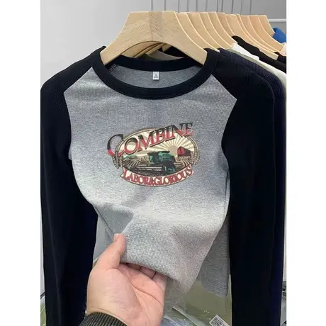 长袖打底衫女2023秋季新款韩版小个子印花修身上衣圆领百搭落肩T商品大图