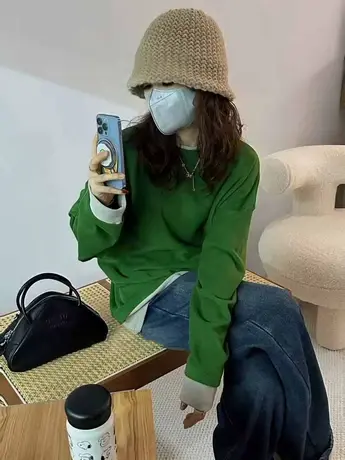 韩版春秋新款宽松撞色德绒假两件圆领磨毛长袖T恤女百搭打底上衣商品大图