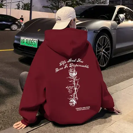 酒红色纯棉卫衣男秋冬季玫瑰印花情侣款美式高街潮牌宽松帽衫外套商品大图