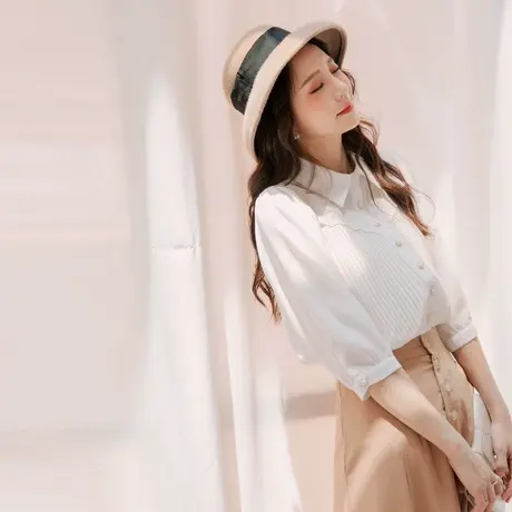 桔熊春秋法式复古蕾丝拼接百褶雪纺衬衫七分袖上衣女大码AB16042图片