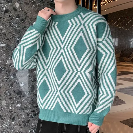 秋季新款条纹毛衣男士潮流休闲青少年加厚保暖圆领针织衫线衣男装商品大图