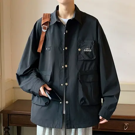 衬衫式外套男春秋款翻领工装夹克男潮牌青少年帅气港风长袖上衣服商品大图