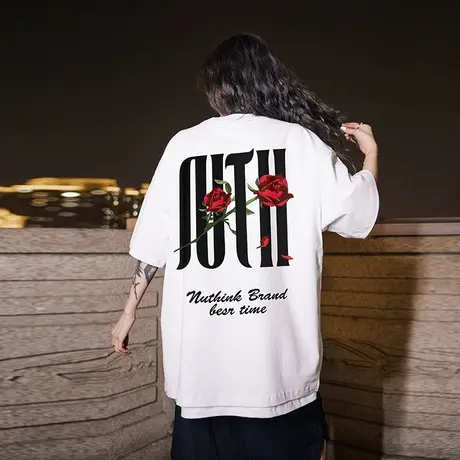 Nuthink美式宽松复古玫瑰短袖T恤男国潮街头大码胖子半袖男款夏季商品大图