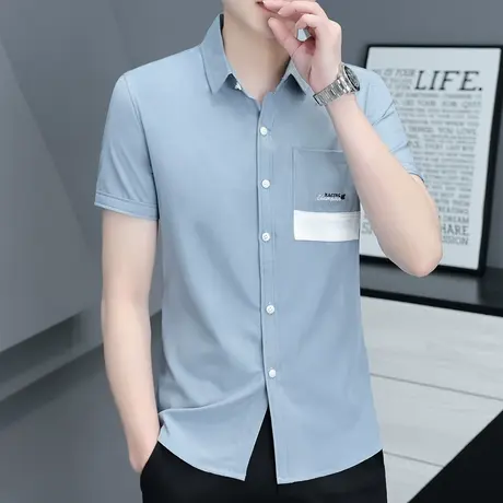 短袖男衬衣夏季修身工作上衣商务休闲字母刺绣简约衬衫男装寸衣潮商品大图