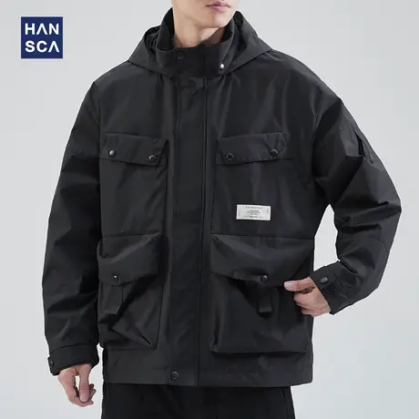 hansca山系机能风冲锋衣外套男春季黑色宽松潮牌户外连帽工装夹克图片