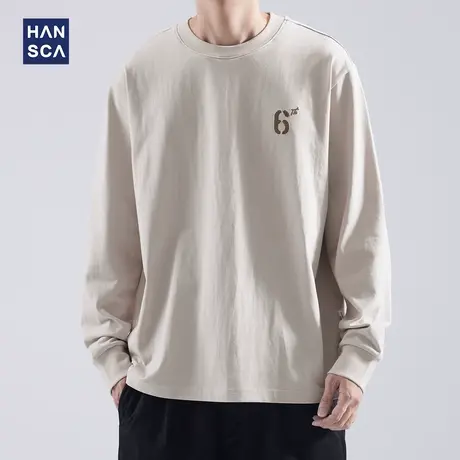 hansca纯棉长袖T恤秋季男款潮牌数字刺绣简约百搭宽松圆领打底衫商品大图
