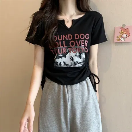 美式高街潮牌短袖T恤女夏天百搭修身显瘦纯棉小V领半袖短款上衣潮商品大图