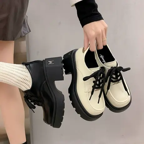厚底英伦风小皮鞋女2024春季新款百搭配裙子高跟单鞋设计感乐福鞋商品大图