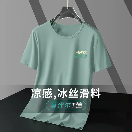 莫代尔男士短袖t恤夏季冰丝凉感半袖圆领上衣服潮牌字母印花体恤商品大图