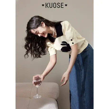 阔色娃娃领兔子短袖针织衫女2023春夏新款泡泡袖小衫短款T恤上衣商品大图