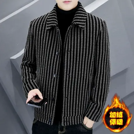 男士呢子外套加绒加厚保暖冬装金貂绒夹克潮短款休闲翻领毛呢大衣商品大图