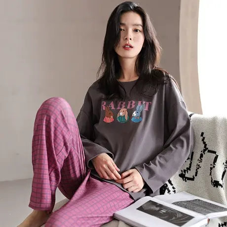 婷美新款睡衣女士春秋季纯棉套头长袖可爱卡通高颜值家居服两件套商品大图