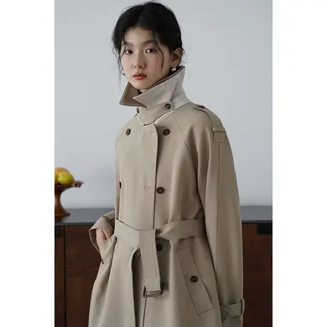 嘉茱莉2023秋季新款西装领风衣外套女小个子中长款宽松上衣设计感商品大图