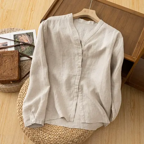 享永子亚麻衬衫女文艺复古宽松气质棉麻上衣V领百搭2023春秋新款图片