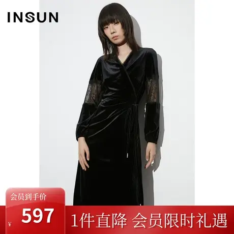 [质感丝绒]恩裳COVER2023年早春新款复古优雅袖子蕾丝拼接连衣裙图片