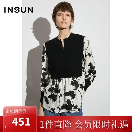 恩裳COVER2023年春款新款假两件拼接印花上衣立体绞花弹力针织衫图片