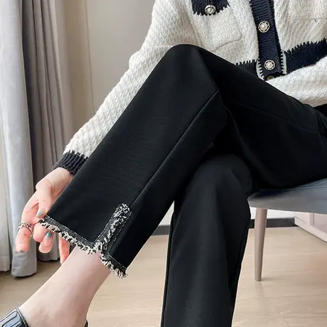 黑色休闲西装裤女春秋2023新款高腰显瘦开叉九分直筒设计感烟管裤图片
