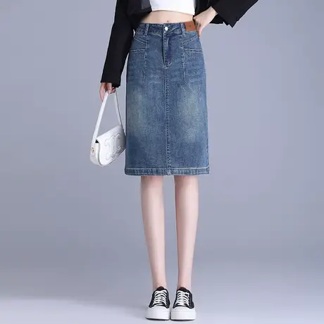 牛仔半身裙女秋装2023新款过膝开叉大码直筒中裙韩版小个子包臀裙图片