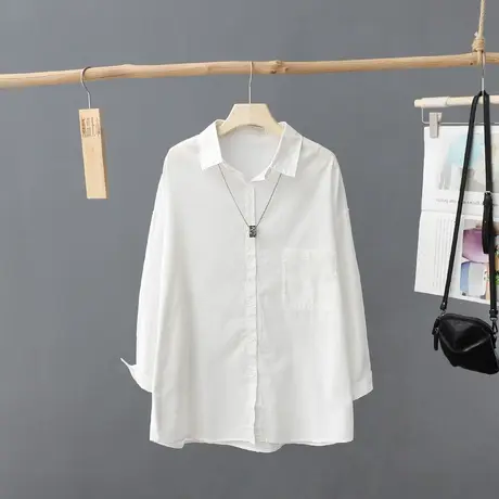 早春新款简约经典中长款白衬衫女长袖纯棉百搭纯色打底白衬衣上衣商品大图