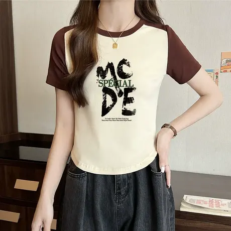 2023夏季新款欧货短袖t恤女不规则别致辣妹短款洋气杏色拼接上衣图片