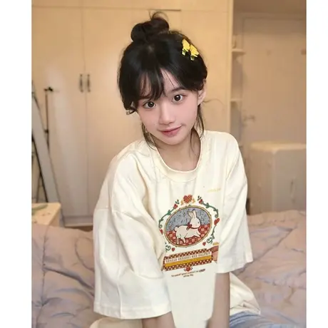 纯棉日系设计感兔子印花短袖t恤女夏季宽松港味chic半袖上衣体恤商品大图