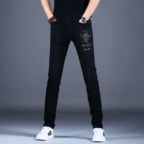 黑色烫钻牛仔裤男款小脚修身秋款加绒新款潮流裤子男高端潮牌弹力图片