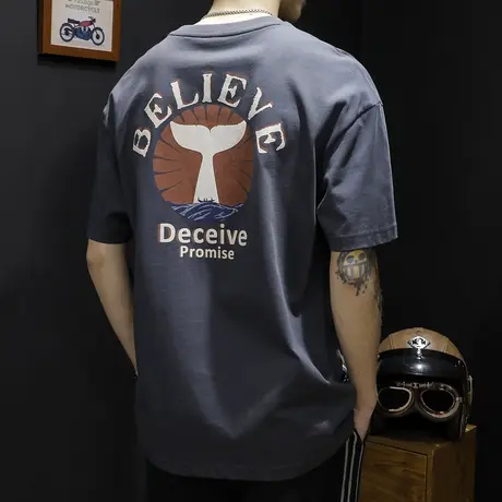 重磅印花短袖t恤男士夏季宽松胖子大码潮牌加肥加大半袖纯棉体恤商品大图