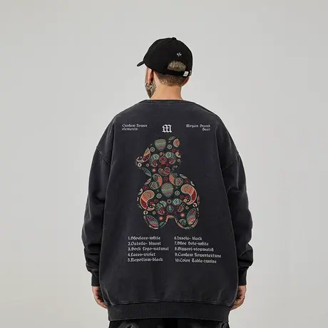 加肥大码圆领美式重磅复古胖子男装潮流宽松水洗做旧卫衣春秋冬款商品大图