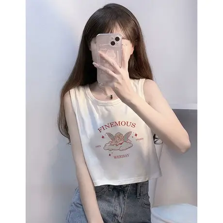 纯棉吊带坎肩背心无袖t恤女夏季设计感小众外穿宽松短款辣妹上衣图片