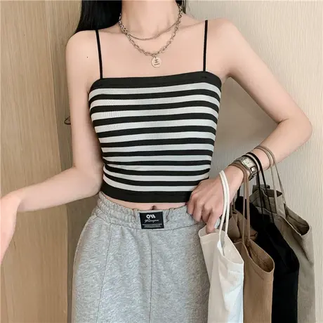 条纹吊带背心女夏夏季内搭带胸垫美背纯欲风打底别致短款上衣外穿商品大图