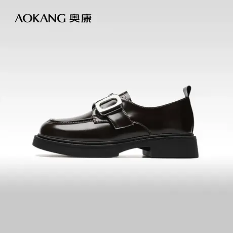 奥康女鞋春秋复古方扣百搭黑色小皮鞋时尚套脚乐福鞋门店发货图片