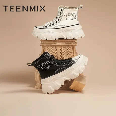 天美意厚底帆布鞋女高帮鞋增高休闲鞋2022冬新款商场同款BE861DD2商品大图