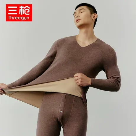 三枪保暖内衣男秋冬恒暖绒V领无痕加绒中厚高弹加肥长袖保暖套装图片