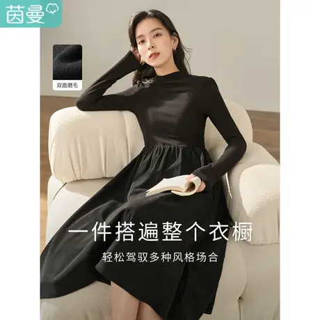 茵曼美拉德灯芯绒垂坠感连衣裙女2023年秋季新款收腰长袖拼接裙子图片
