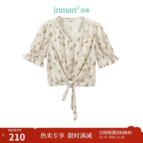 【商场同款】茵曼清新印花衬衣2023秋季女装新款V领打揽系带上衣商品大图
