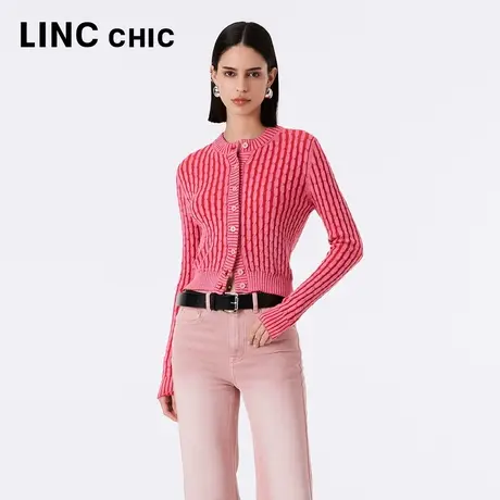 LINCCHIC金羽杰针织开衫女2023秋季新款学院感圆领修身条纹毛衣图片