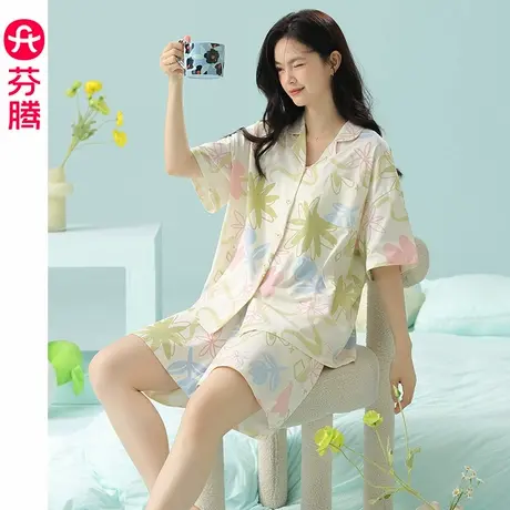 芬腾纯棉睡衣女夏季薄款短袖短裤套装舒适夏天凉感大码休闲家居服商品大图