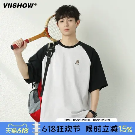 VIISHOW夏季撞色复古刺绣短袖男士休闲宽松半袖潮牌情侣纯棉T恤商品大图