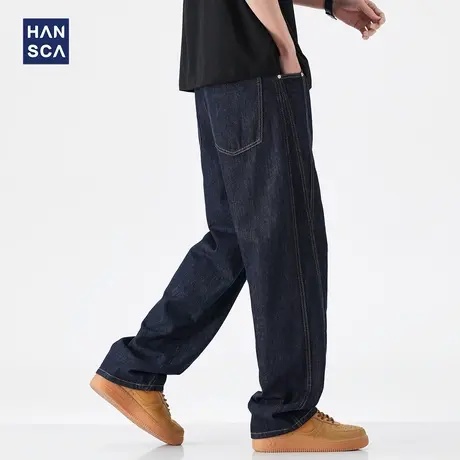 hansca明辑线原色牛仔裤男2025夏季美式简约宽松休闲直筒棉麻长裤商品大图