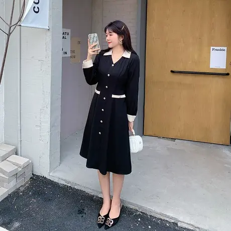 2023年秋新款法式轻奢气质中长款过膝A字遮肉显瘦大码胖MM连衣裙商品大图