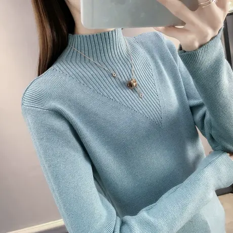 半高领长袖宽松毛衣女秋冬2023新款套头内搭打底衫洋气短款针织衫商品大图